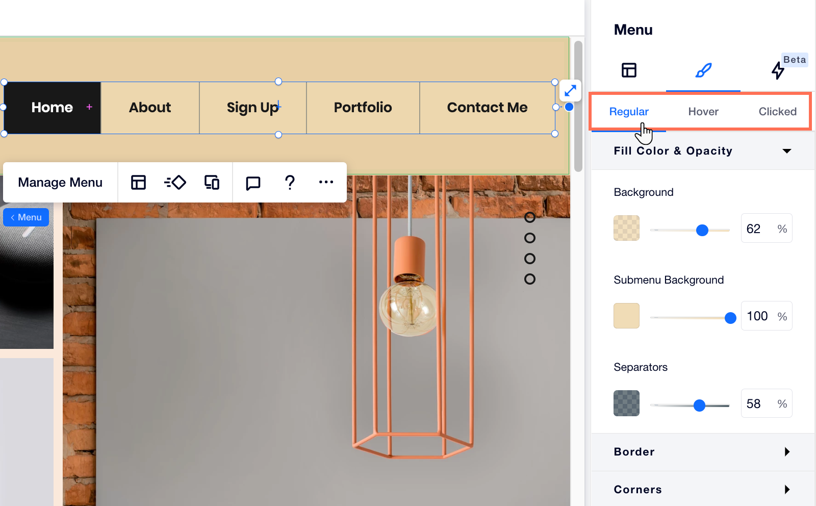 Screenshot des Inspektor-Panels im Editor X, während du ein horizontales Menü gestaltest