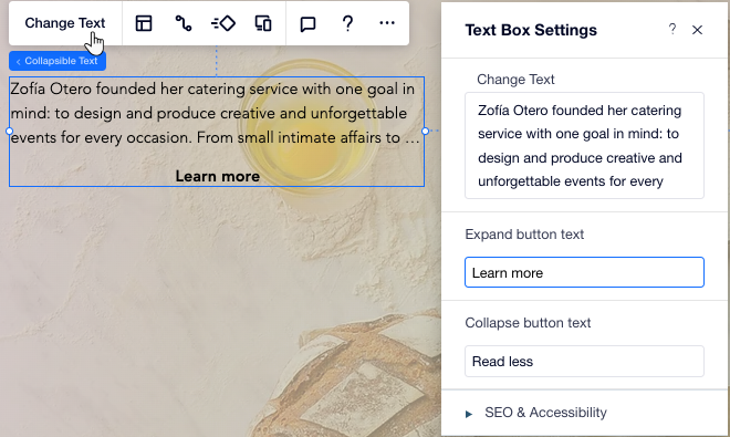 Une capture d'écran du panneau Paramètres du texte réductible dans l'Editor X