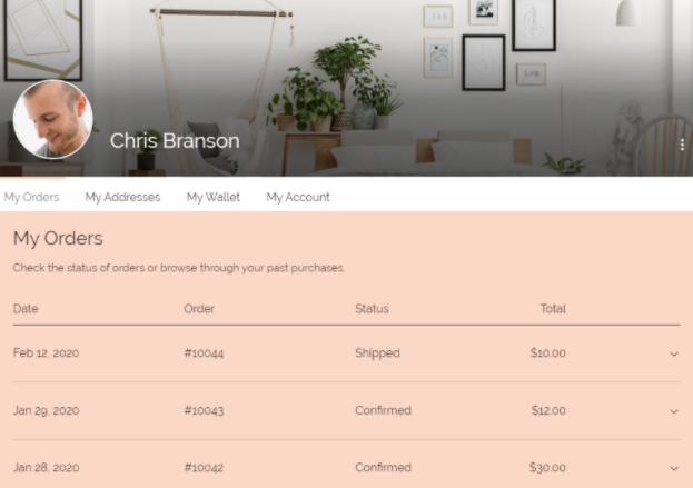 Example of a 'My Orders' page in a site's Members Area, letting a member view their recent purchases