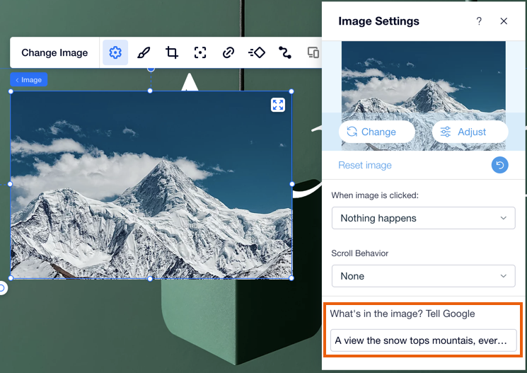 A screenshot from the Image Settings panel in Editor X, adding alt text to describe the image