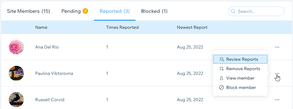 Uma captura de tela da aba Bloqueados na lista de membros do seu site, com opções como revisar e remover um reporte