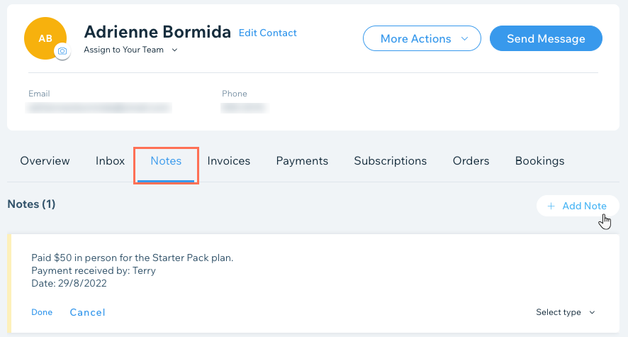 A screenshot of adding a note to a contact about an offline payment they made for a pricing plan.