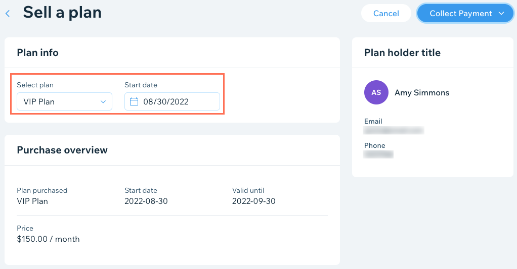 A screenshot of the Sell a plan page in the dashboard, where you can manually add a client to a Pricing Plan.