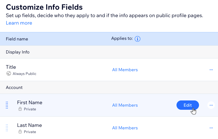 A screenshot of the Customize Info Fields area in the Wix dashboard, showing how to edit an existing field