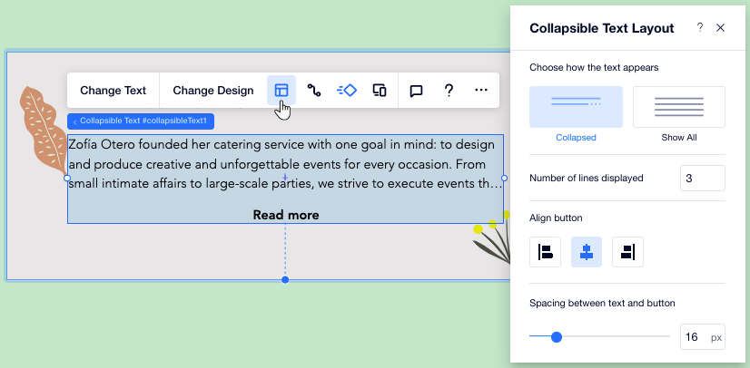 Screenshot des Layout-Panels für einklappbaren Text im Editor X