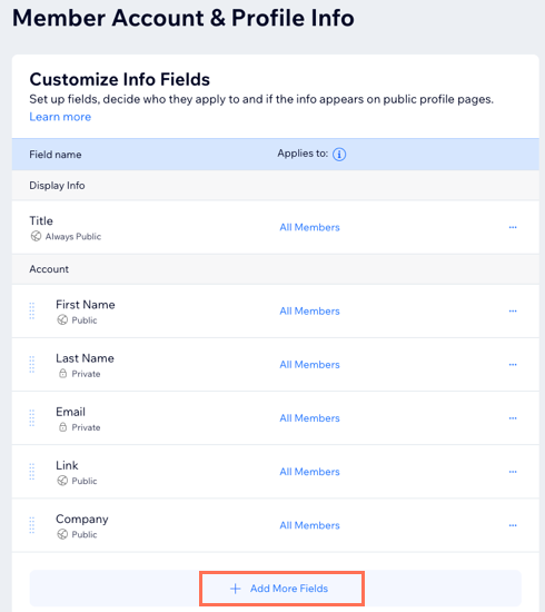 Uma captura de tela da seção Personalizar campos de informações do painel de controle Wix, clicando em Adicionar mais campos para adicionar um novo campo