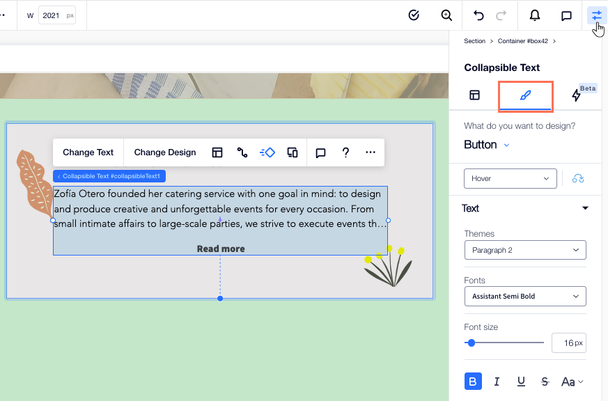 Screenshot della scheda Design nel pannello Ispezione nell'Editor X, dove puoi progettare il design del testo riducibile.