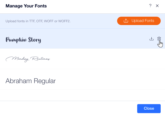 A screenshot of the Manage Your Fonts panel, clicking the Delete icon to remove an uploaded font