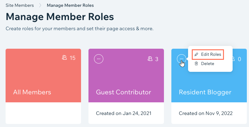 A screenshot of the Manage Member Roles area, where site owners can edit existing member roles