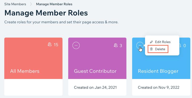 A screenshot of the Manage Member Roles area, where site owners can delete a member role