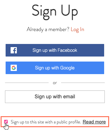 A screenshot of the signup form to your site's Members Area, selecting a checkbox that makes your profile public