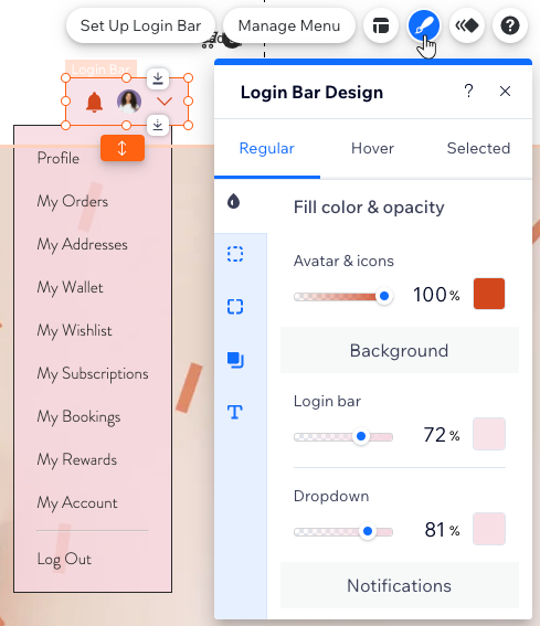 Screenshot des Design-Panels der Anmeldeleiste, in dem du die Anmeldeleiste und das Menü anpassen kannst