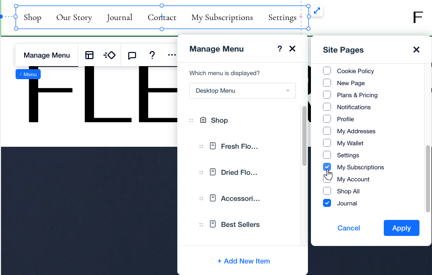 A screenshot of the Manage Menu panel in Editor X, selecting checkboxes next to member pages to add to the menu