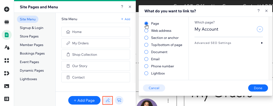 Screenshot des Seiten- und Menü-Panels im Wix Editor, wo Mitgliederseiten als Links zum Menü hinzufügt werden