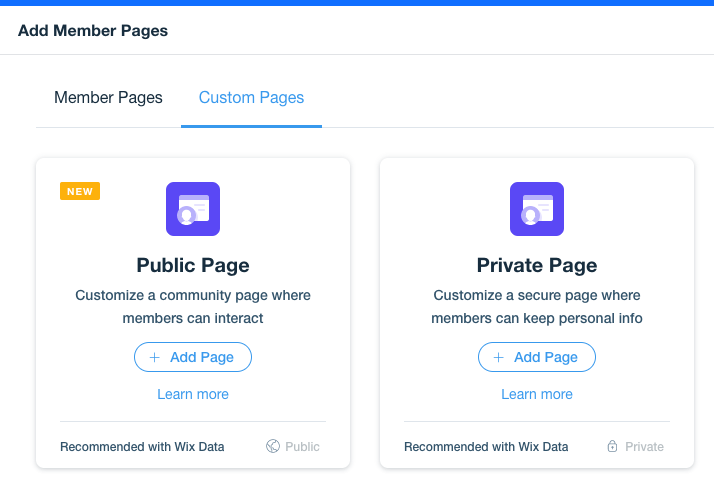 A screenshot of the Add Member Pages panel where you can add new custom pages - public or private.