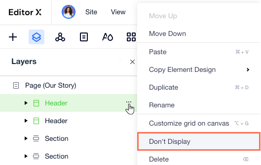 A screenshot of the Layers panel, selecting a section and clicking Don't Display to hide it on a breakpoint