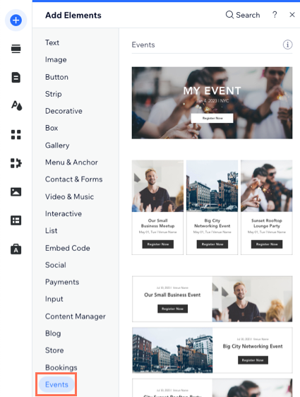 Uma captura de tela do painel Elementos, onde você pode adicionar uma lista de eventos a qualquer página do site no Editor Wix.