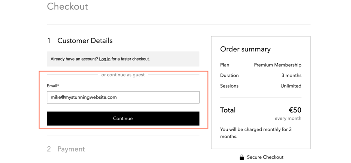 Screenshot dell'acquisto di un piano a pagamento come ospite, senza la registrazione come membri