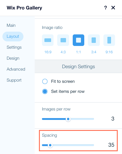 Een screenshot van het Indeling-tabblad in het Pro Gallery-instellingenpaneel, waar je de afstand tussen afbeeldingen kunt instellen