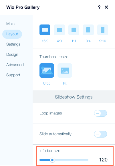 Une capture d'écran de l'onglet Mise en page dans le panneau des paramètres de la Pro Gallery, où vous pouvez ajuster la taille de la barre d'infos