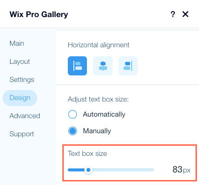 Captura de pantalla de la pestaña Diseño en el panel Ajustes de la Galería Wix Pro, donde puedes cambiar el tamaño del texto