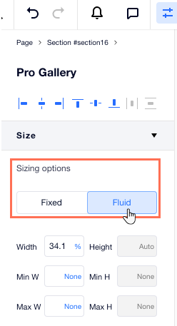 A screenshot of the size section of the Inspector panel, showing how to set fluid sizing for your Pro Gallery