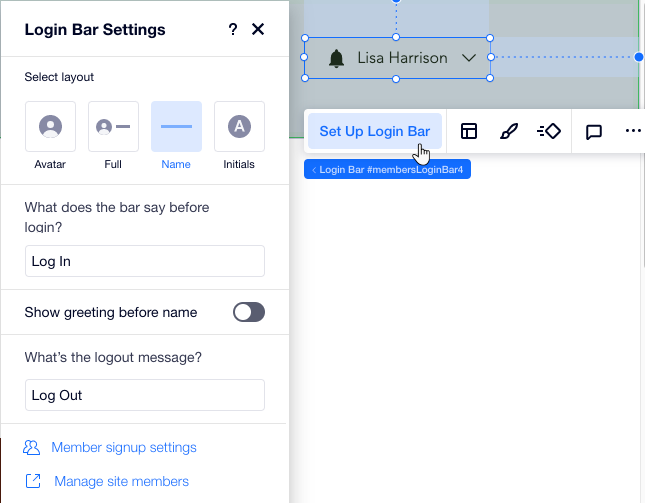 Uma captura de tela do painel Configurações da barra de login, onde você pode ajustar a barra de login na área de membros