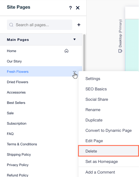 A screenshot of the Pages panel, showing how to delete a page from your site