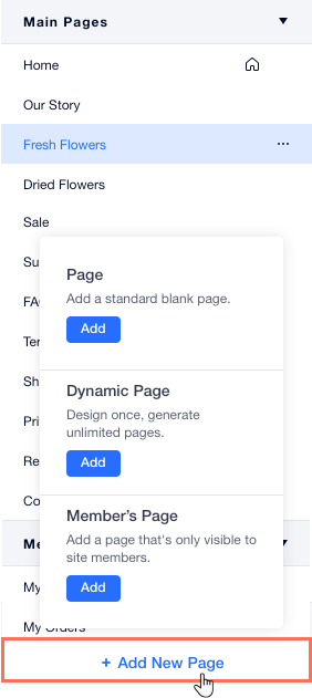 Uma captura de tela do painel Páginas, clicando em Adicionar nova página na parte inferior para adicionar uma nova página