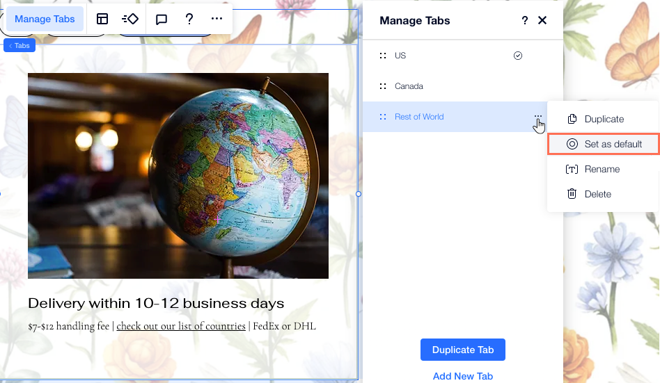 דוגמה להגדרת טאב ברירת המחדל מחלונית Manage Tabs