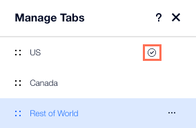 A screenshot showing the checkmark icon that appears next to the default tab in the Manage Tabs panel