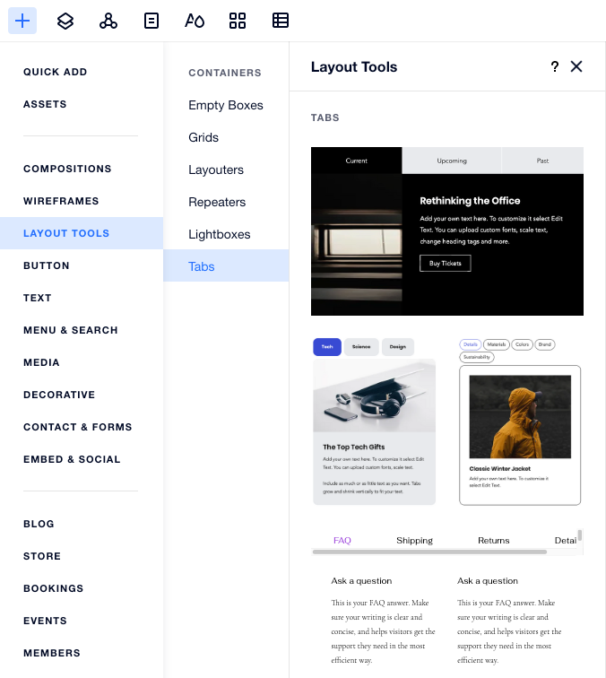 A screenshot of the Add Elements panel in Editor X, showing the preset Tabs designs you can add