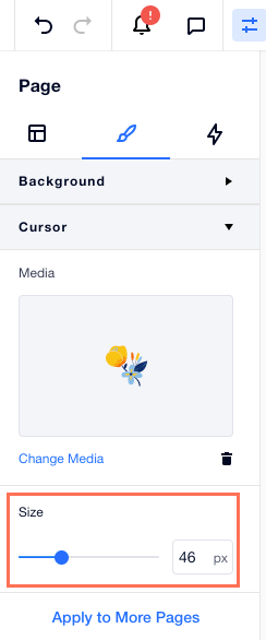 A screenshot of the Inspector panel, dragging the slider under Cursor to resize the cursor