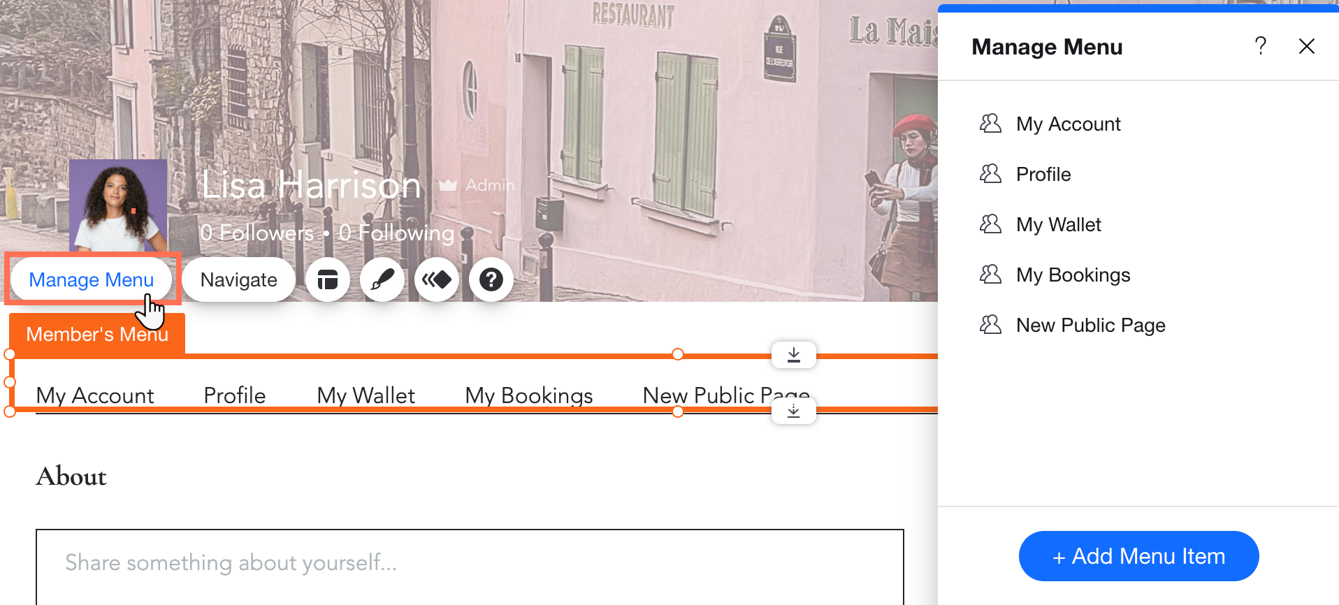 Screenshot del pannello per gestire la pagina Menu membri nell'Editor