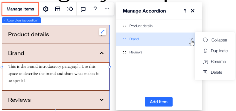 A screenshot of the Manage Accordion panel where you can add, rename, duplicate, delete and reorder items