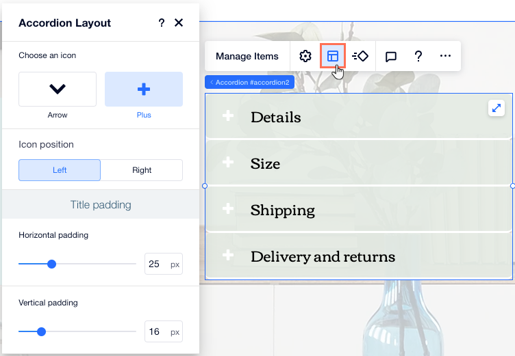 A screenshot of the Accordion Layout panel in Editor X