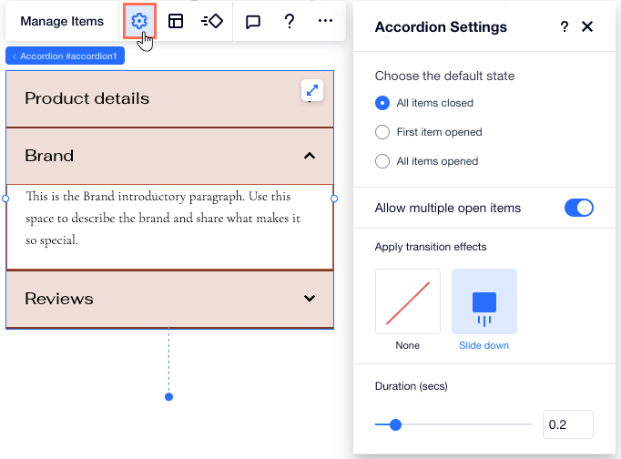 A screenshot of the Accordion Settings panel, where you can set how it opens and closes