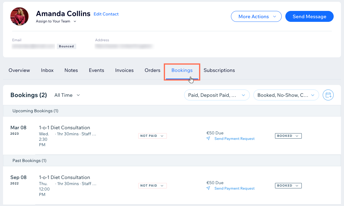 A screenshot of a contact's Bookings tab, where you can see their history and payment status