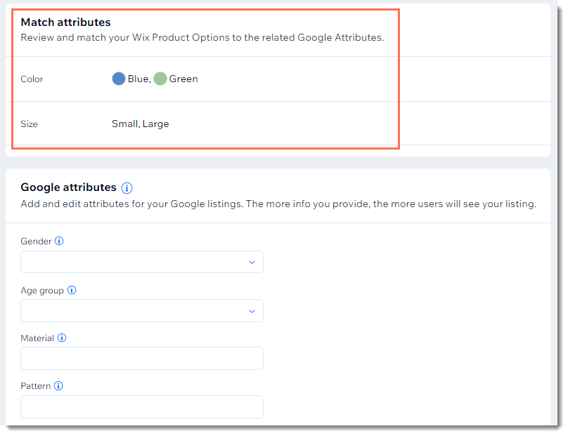商品オプションが表示された Wix の Google Merchant Center アカウントページのスクリーンショット。