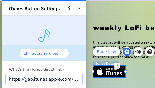 Capture d'écran du panneau des paramètres du bouton iTunes, où vous pouvez saisir le lien iTunes de votre musique