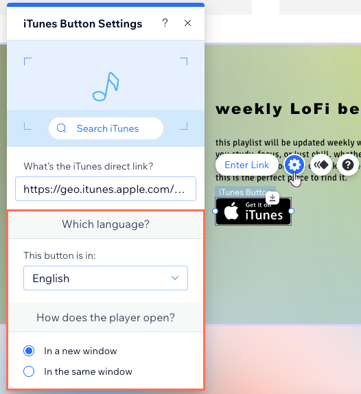 A screenshot of the iTunes Button Settings panel where you set up the language and where the link opens