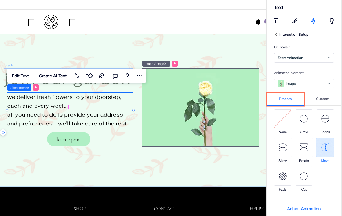 Uma captura de tela da configuração da interação no Inspetor, selecionando uma animação predefinida