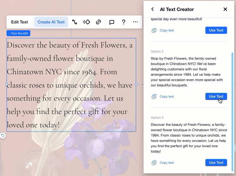 A GIF showing how to apply an AI text suggestion to the chosen text box in the Editor