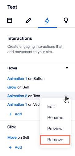 A screenshot of the Interactions tab in the Inspector panel, removing an animation from an element