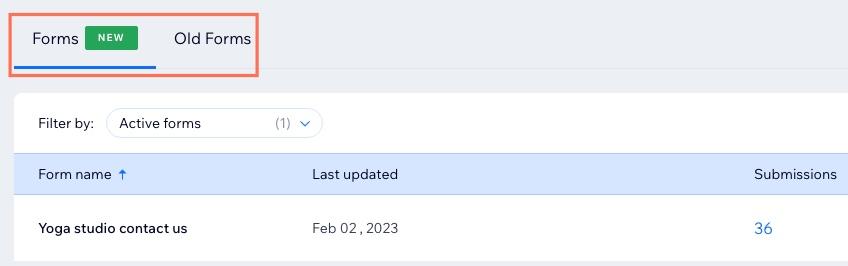 A screenshot of the forms and submissions dashboard with new forms and old forms tabs.