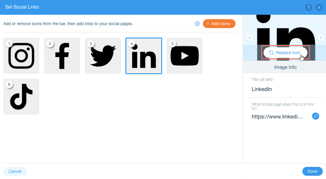 Screenshot of the panel where you set social icons and links, showing the replace icon option at the top