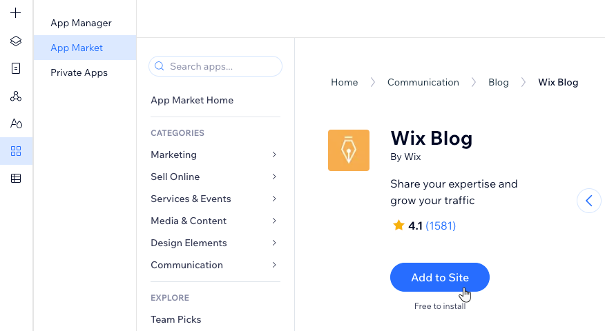 צילום מסך של החלונית App Market, אפליקציית Wix Blog מתווספת לאתר