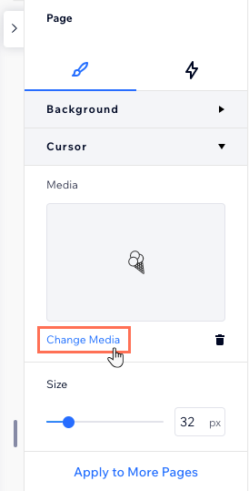 Een screenshot van het Cursor-gedeelte in het Inspector-paneel, waar je op Media wijzigen klikt om een andere cursor te kiezen