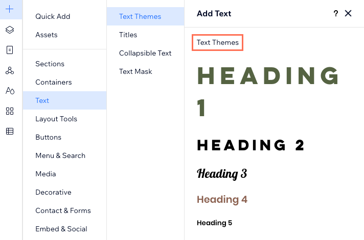 A screenshot of the text themes available in the Add Elements panel