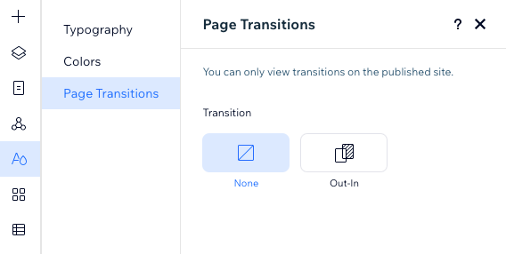 A screenshot of the page transitions tab in the site styles panel